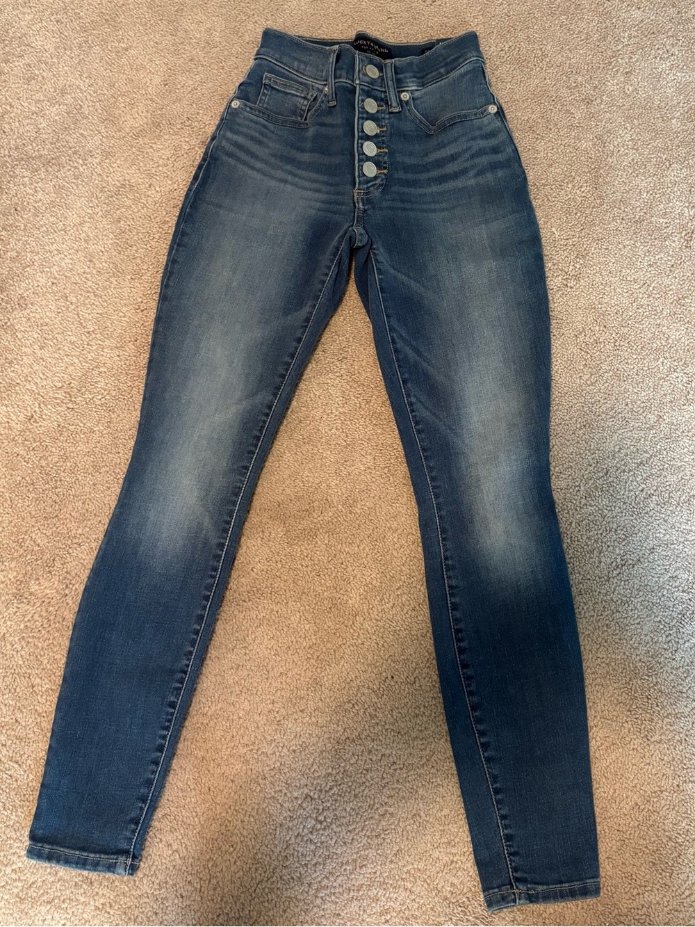 NWT Lucky Brand Bridgette Dark Blue High-Rise Button-Fly Boho Skinny Jeans; 00
